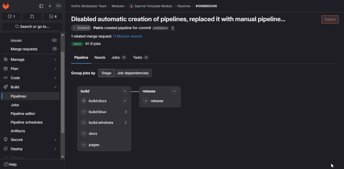 gif showing how to run build job via gitlab ui